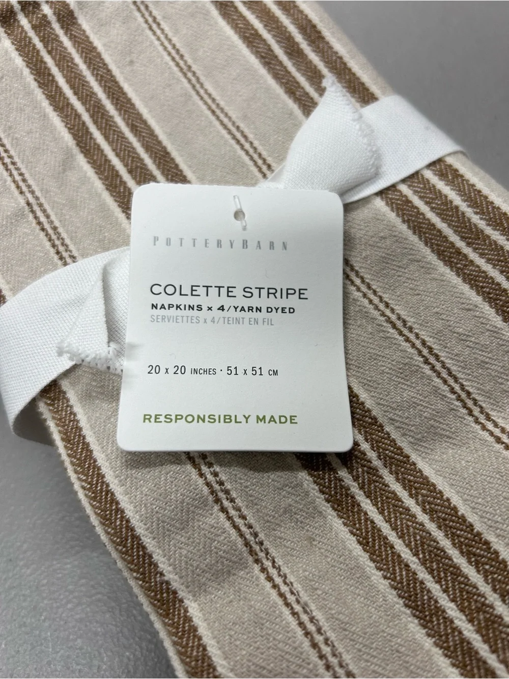 4 Pottery Barn Colette Stripe Tan Cotton Linen Table Napkins 20
